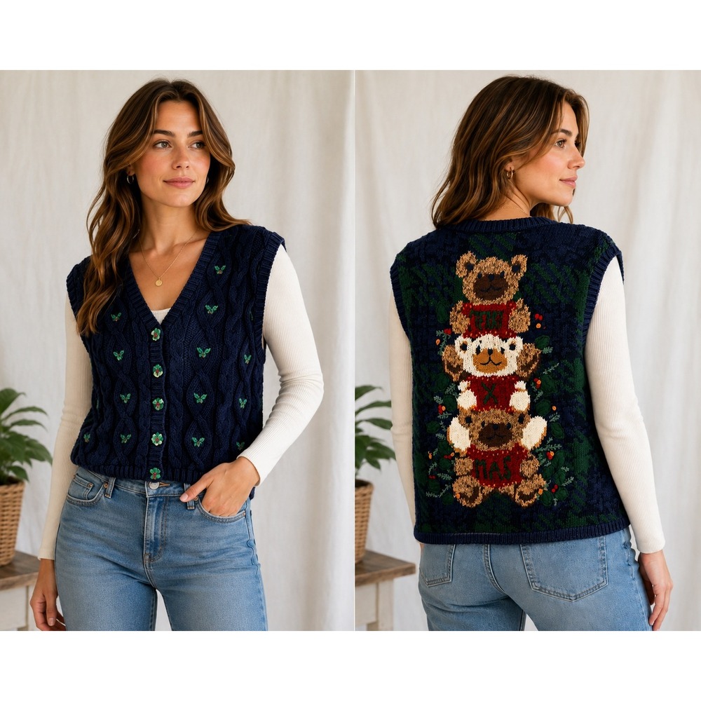 Vintage Eagle's Eye Wool Christmas Teddy Bear Sweater Vest XL Holiday Cable Knit